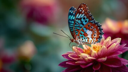 A vibrant close-up of a butterfly perched on a colorful flower, showcasing intricate details of the butterfly’s wings with vivid blue and orange patterns. The softly blurred background features additi