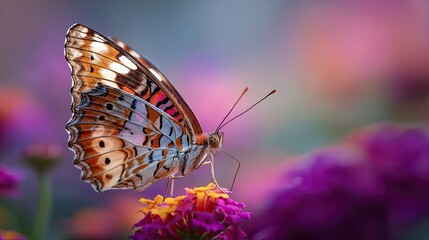 A vibrant close-up image of a butterfly perched on a colorful flower, showcasing its intricate wing patterns and colors. The background is softly blurred with hues of purple and pink, emphasizing the 