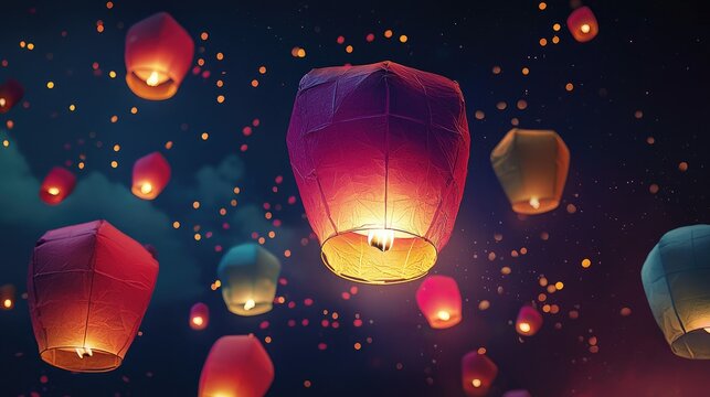 Floating lanterns against a dark sky with glowing lights.