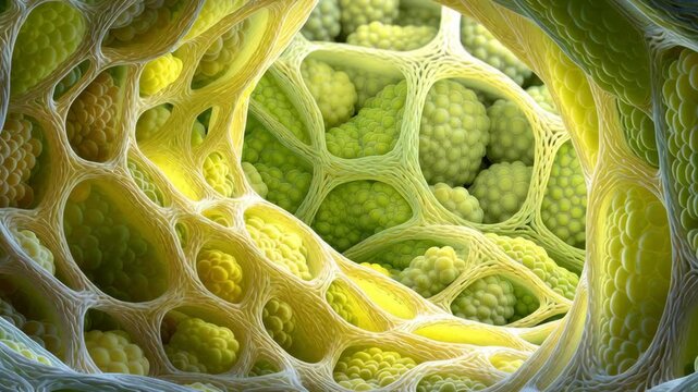 Chlorophyll process concept ,Cell structure microscopic view organic tissue green yellow biological network natural pattern close