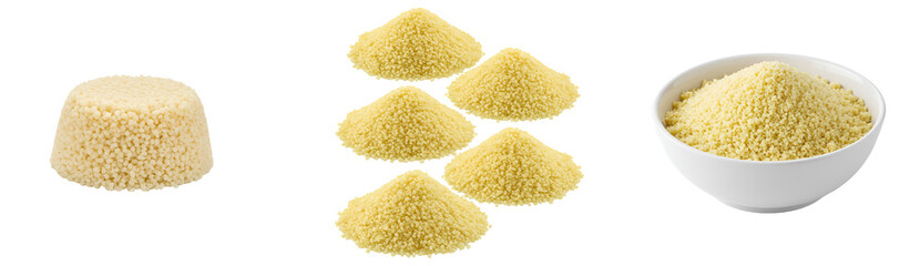 Delicious couscous mounds and bowl recipe ingredients for healthy eating and cooking ideas isolated on transparent background