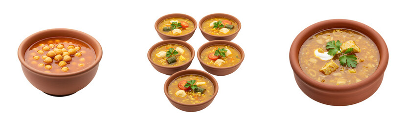 Delicious chickpea soup recipe served in clay bowls, healthy homemade stew for lunch or dinner concept on transparent background