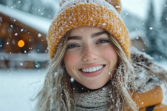 Woman in yellow hat smiles in snow.