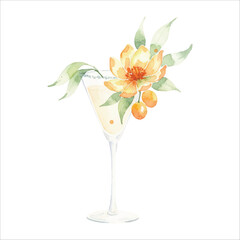 Watercolor mango flower garnish cocktail in elegant glass, tropical fruit drink vector on white background
