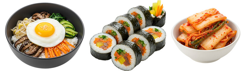 Delicious korean food assortment bibimbap gimbap and kimchi traditional cuisine asian culinary delights on transparent background