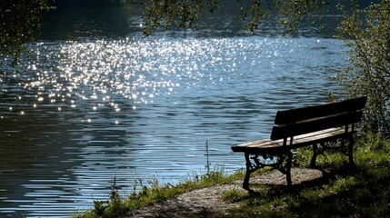 A tranquil lakeside scene features a solitary wooden bench positioned on a grassy bank. The surface of the water glistens under the sunlight with sparkling reflections creating a serene atmosphere. Th