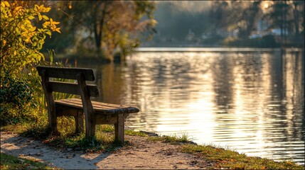 A solitary wooden bench sits beside a serene lake, surrounded by autumn foliage. The sun casts a warm, golden hue over the scene, reflecting on the water's surface. The tranquil atmosphere invites mom