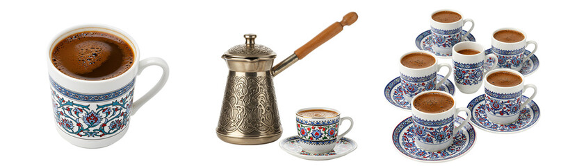 Traditional turkish coffee set with cezve and cups for brewing delicious aromatic beverage experience still life on transparent background