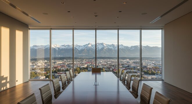Modern conference room with large window overlooking city and mountains, empty executive meeting space for business presentation background for corporate and commercial.