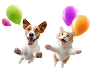 Dog cat balloon floating happy playful animal pet colorful isolated joyful fun cheerful friendship celebration cute mammal domestic background white party up together friendship adorable fantasy
