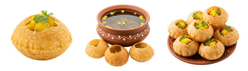 Pani puri indian street food golgappa puchka with potato filling and tamarind water served traditionally on transparent background