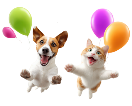 Dog cat balloon floating happy playful animal pet colorful isolated joyful fun cheerful friendship celebration cute mammal domestic background white party up together friendship adorable fantasy