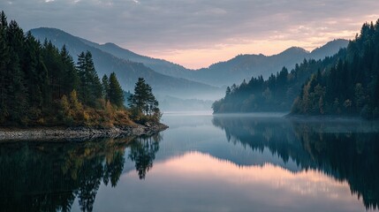 A tranquil landscape showcasing a serene lake surrounded by lush, dense forests and mountainous terrain. The early morning light casts soft pastel hues over the water's surface, creating a reflective 