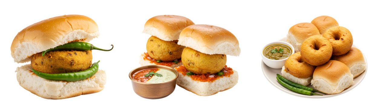 Delicious vada pav indian street food with green chilies and chutney for snack or meal time treat craving on transparent background