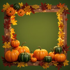 Autumn pumpkin border with fall leaves and twinkling lights against green background with empty space. Seasonal harvest frame for holiday sale banner or, social media post