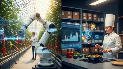 Automated Greenhouse and Kitchen Technology With Robotic Arm and Chef Interacting With Digital Displays Illustrating Smart Farming and Culinary Data Analysis - Powered by Adobe