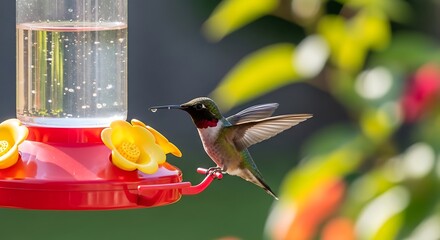 Ruby-throated Hummingbird at Feeder with Yellow Flowers.