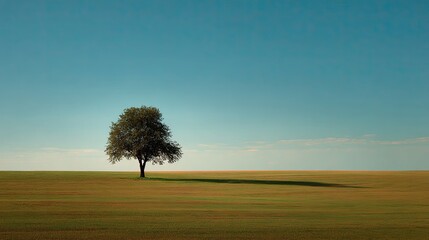A solitary tree stands on an expansive green field under a clear blue sky, creating a tranquil and serene atmosphere. The tree casts a long shadow on the grass, highlighting its prominent position in 