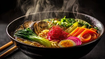 A beautifully arranged bowl of steaming ramen topped with vibrant vegetables including bok choy, carrots, and radishes, accompanied by sliced mushrooms and soft-boiled eggs. The rich broth glistens in