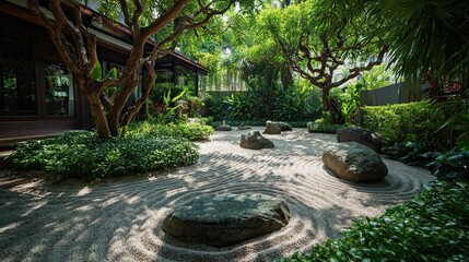 A serene garden scene featuring a beautifully landscaped zen garden with raked sand patterns, smooth stones, and lush greenery. The setting showcases a mix of tropical plants and trees, providing a tr