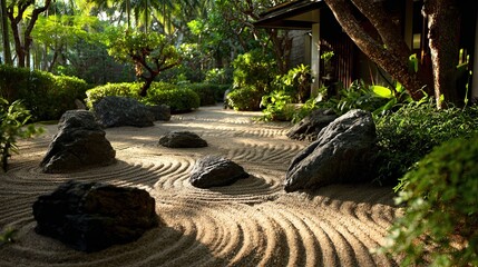 Tranquil Japanese zen garden featuring meticulously raked sand patterns, smooth stones, and lush green foliage. Light filters through tall trees, creating a serene atmosphere that invites relaxation a