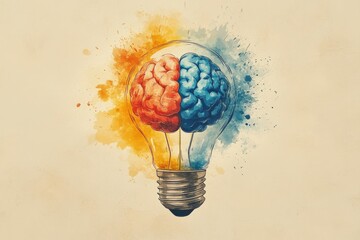 Creative concept of dual brains inside a colorful light bulb