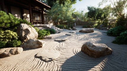 A tranquil Japanese rock garden featuring meticulously raked sand patterns, scattered boulders, and lush greenery. The background showcases a traditional Japanese house with wooden beams, enhancing th
