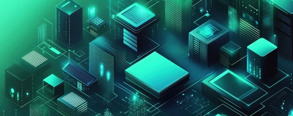 Futuristic cityscape with glowing geometric buildings and abstract patterns