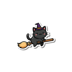 A cute cartoon black cat wearing a purple witch hat and flying on a broomstick, isolated on a white background.