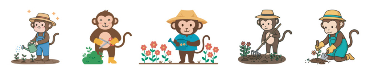 Cute Cartoon Monkey Farmer Character Set Engaged in Gardening and Planting