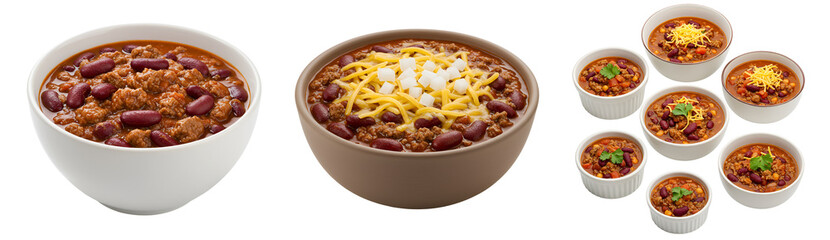 Delicious chili bowls with kidney beans and toppings perfect for a hearty meal or game day gathering on transparent background