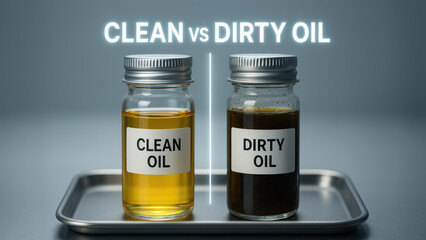 Clean oil analysis industrial testing quality control demonstration showing clear lubricant versus dark contaminated oil in jars on tray conveying maintenance inspection and laboratory process