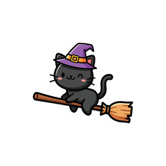 Obraz premium A cute black cartoon cat wearing a purple witch's hat winks while flying on a broomstick, isolated on a white background.