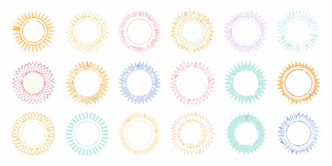 Collection of decorative circular frames and borders in pastel colors with sunburst and floral motifs