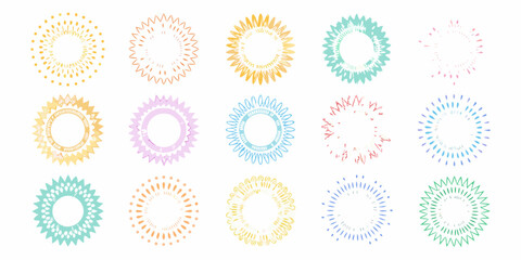 Collection of colorful abstract starburst and sunburst shapes in a variety of artistic styles and pastel colors