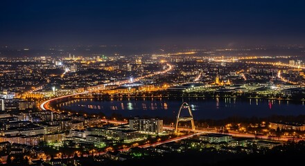 Nighttime Cityscape - Kyivs Illuminated Bridges and Urban Glow.