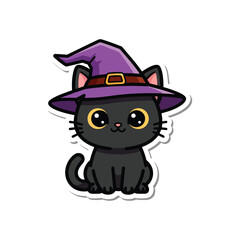 A cute cartoon black cat wearing a purple witch hat for Halloween.