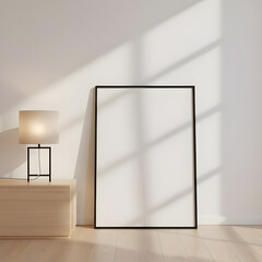 Blank Vertical Poster Frame Mockup Leaning on Wall with Sunlight Shadows