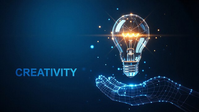 Wireframe Hand Holding Light Bulb Creativity Concept on Dark Blue Tone - Powered by Adobe