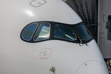 Close-up view of a commercial airplane cockpit and nose section at an airport. A pilot is preparing for flight, representing the aviation and travel industry.