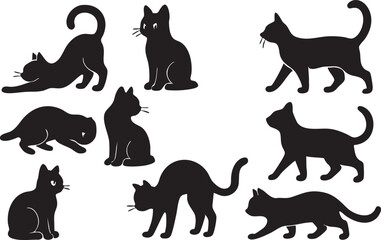 Cat Silhouette Set with Sitting, Walking, and Stretching Cats Vector Design