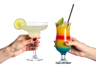 Two variations of stylized female hands with red nails holding cocktail glasses isolated on transparent background