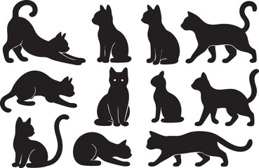 Cat Silhouette Set of Eleven Black Cats in Different Poses on White Background