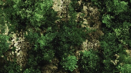Aerial view of lush green forest canopy, dense foliage, natural beauty.
