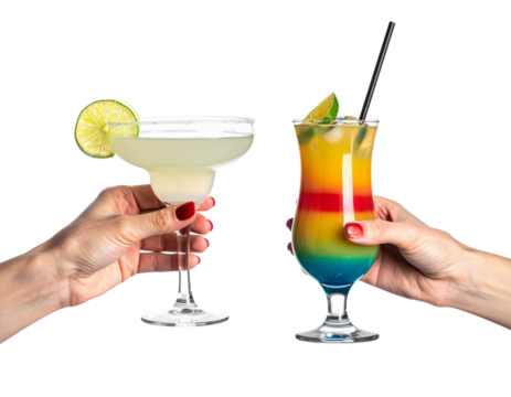 Two variations of stylized female hands with red nails holding cocktail glasses isolated on transparent background