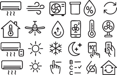 Climate Control Smart Home Icon Set Black Line Art on White Background