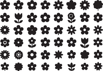 Flower silhouette set black floral icons on white background simple vector design