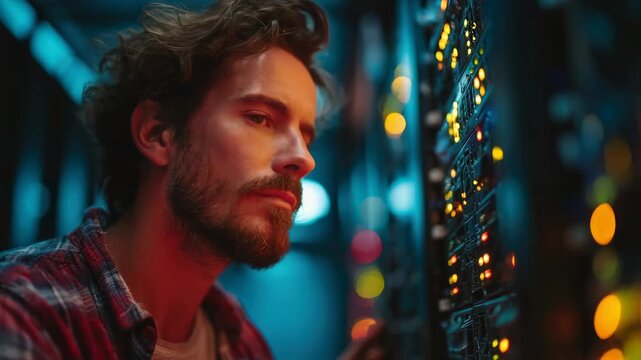 Network engineer data center server rack cable maintenance LED focus workflow technology professional server data center engineer maintenance network