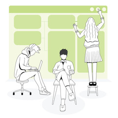 Flat vector illustration of diverse business teamwork and collaboration.