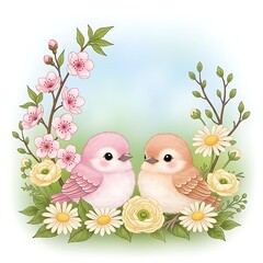 Charming Bird Pair Amidst Blossoming Flowers - A Springtime Watercolor Illustration.
